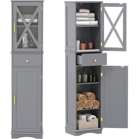 COSTWAY Freestanding Narrow Storage Cupboard Bathroom Tall Cabinet-Grey