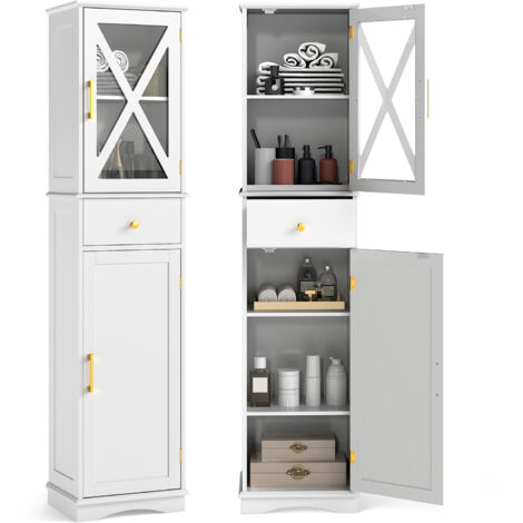 COSTWAY Freestanding Narrow Storage Cupboard Bathroom Tall Cabinet-White