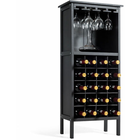 COSTWAY Freestanding Wine Cabinet for 20 Bottles, Wines Glasses Holder Organiser Rack, Home Kitchen Wine Cellar Wine Storage Display Shelf (Freestanding, Black)