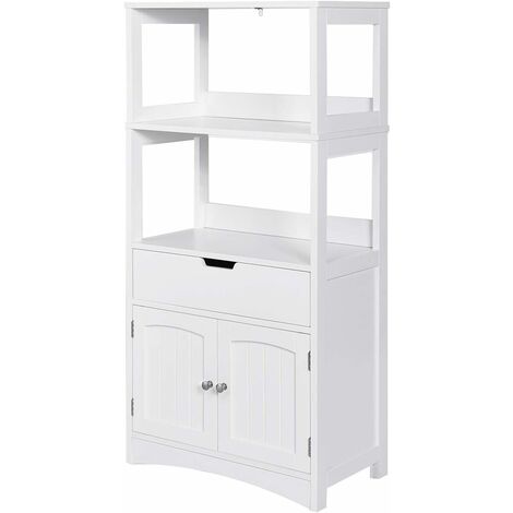 COSTWAY Freistehender Badezimmerschrank, Hochschrank für Bad mit 2 Türen & 3 offenen Regalen & 1 Schublade, moderner Mehrzweckschrank für Bad, Badezimmerregal Weiss