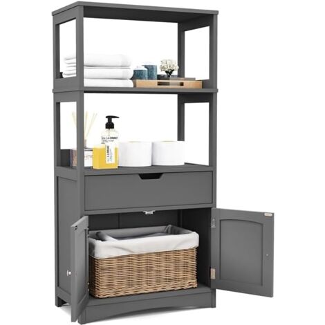 COSTWAY Freistehender Badezimmerschrank, Hochschrank für Bad mit 2 Türen & 3 offenen Regalen & Schublade, moderner Mehrzweckschrank Küchenschrank für Bad Küche Wohnzimmer (Grau)