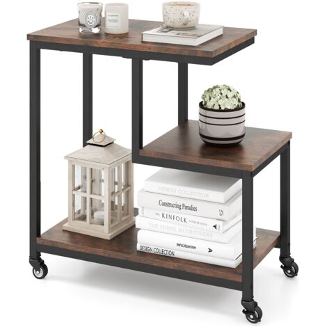 COSTWAY G-shaped Side Table 3-Tier Mobile End Table w/Open Shelves-Brown