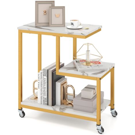 COSTWAY G-shaped Side Table 3-Tier Mobile End Table w/Open Shelves-White