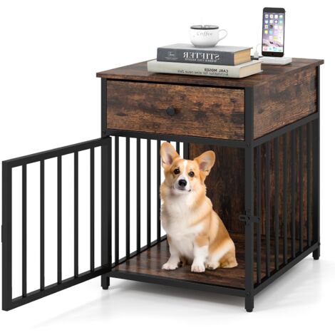 COSTWAY Gabbia per Cani 81 x 37 x 115 cm con 2 Prese AC, 2 Porte Usb e 1 Porta Type-C, Cuccia per Cani in Legno con Stazione di Ricarica, Cassetto e Tubi Metallici, Armadietto Multiuso