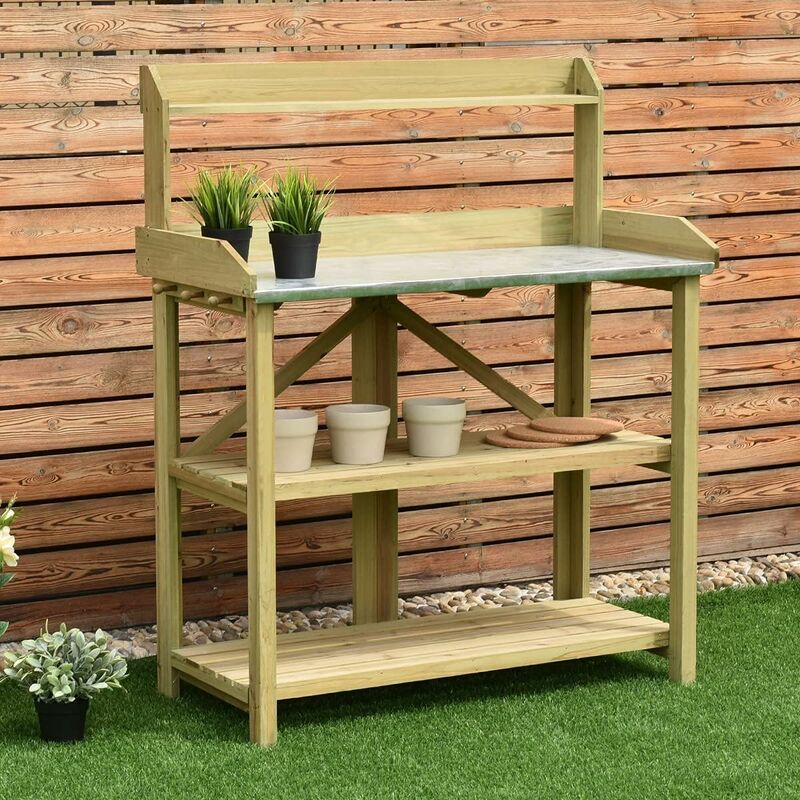 Costway - Gaertnertisch Holz Pflanztisch Garten Arbeitstisch Gartentisch mit Zinkplatte und Haken, Holzpflanztisch Arbeitsplatte Pflanzregal für