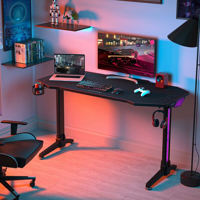 Costway - Gaming Tisch 140cm, T-foermiger Computertisch mit 8-stufiger LED-Beleuchtung & Touch-Steuerung, PC Arbeitsplatz für Gaming Arbeiten,