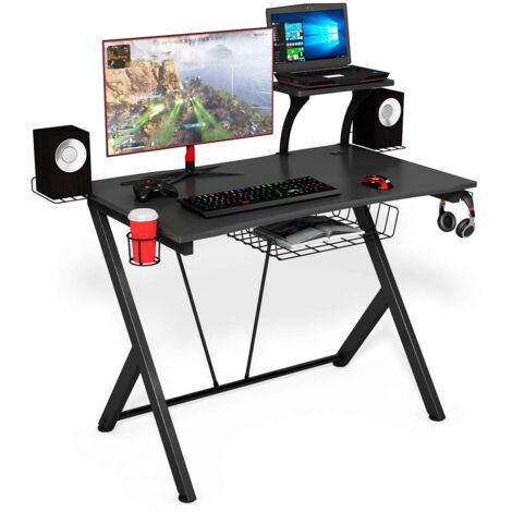 COSTWAY Gaming Tisch ergonomisch, Gaming Desk mit Ablage, Getraenkehalter, Display-Staender und 2 Halter, Schreibtisch PC, Computertisch Schwarz