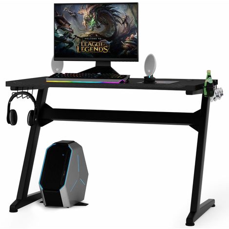 COSTWAY Gaming Tisch ergonomisch, Gaming Desk mit Mauspad, 2 Haken, Getraenkehalter und Kopfhoererhalter, Schreibtisch PC, Computertisch schwarz
