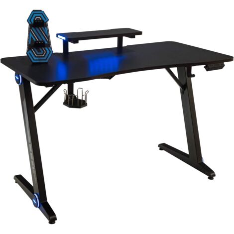 COSTWAY Gaming Tisch mit LED-Lichtern, Computertisch Z-foermig, PC Tisch mit Monitorstaender, Schreibtisch fuer Zuhause oder Buero, mit Getraenkehalter, Griffrahmen, Kopfhoererhaken