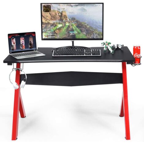 COSTWAY Gamingtisch Computertisch, Schreibtisch mit Tassen- und Kopfhoererhalter und Mauspad, Laptoptisch mit R-foermigem Stahlgestell