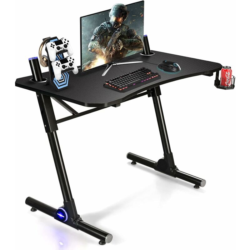 Costway - Gamingtisch hoehenverstellbar, Gaming Tisch mit Blauer LED-Beleuchtung Tassenhalter, Z-foermiger Computertisch Schreibtisch mit