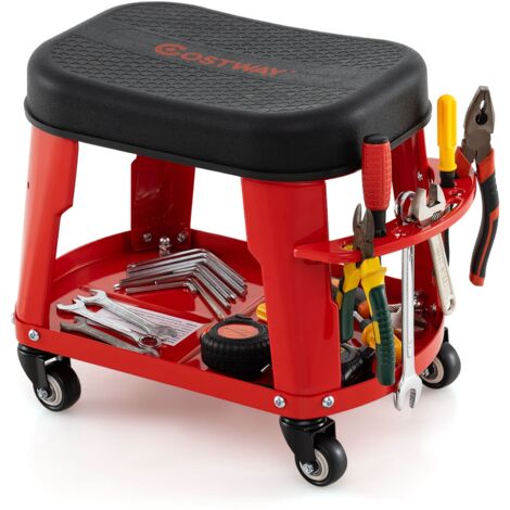 COSTWAY Garage Rolling Stool Mechanic Automotive Creeper Seat w/Storage-Red