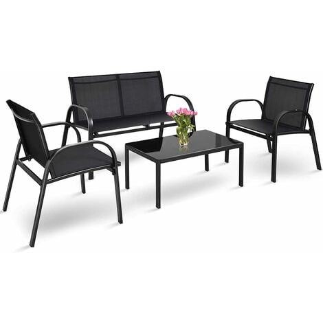 COSTWAY Garden Furniture Set Includes 2 Single Chairs, 1 Loveseat and 1 Glass Coffee Table, Outdoor Indoor 4 Piece Table Chairs Set for Patio Backyard Balcony Poolside