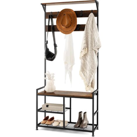 COSTWAY Garderobenständer mit 9 Haken und Schuhregal, 3 Ebenen Garderobe, Flurgarderobe Industrie-Design, Kleiderständer Metallrahmen für Flur und Schlafzimmer