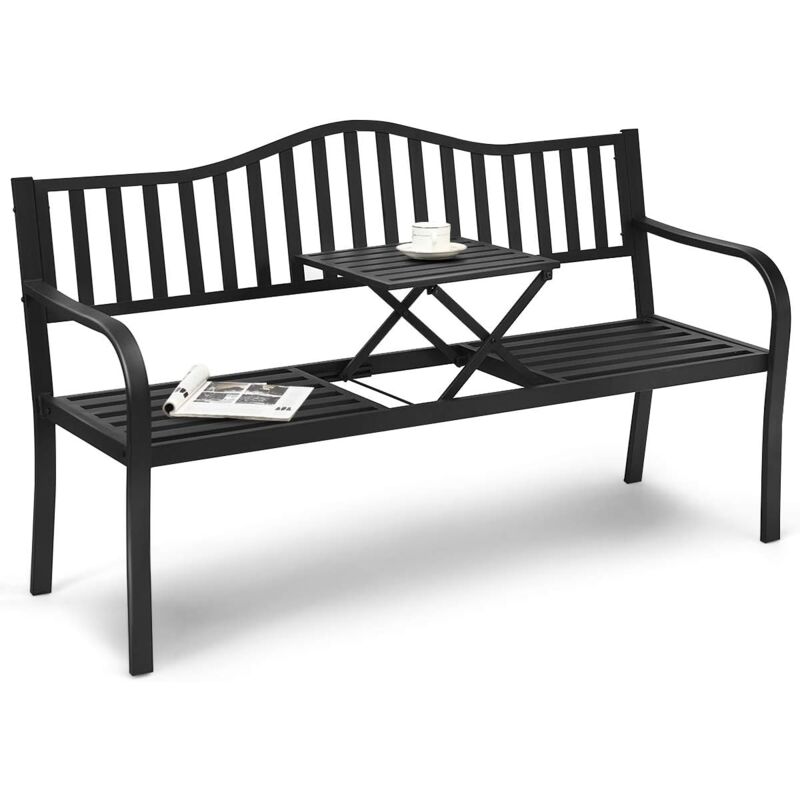Costway - Gartenbank für 2-3 Personen mit ausziehbarem Mitteltisch, Eisenbank mit rostbestaendigem Gestell, Sitzbank mit Armlehnen, Parkbank