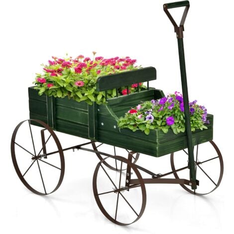 COSTWAY Gartenwagen Blumentoepfe Blumenkaesten mit Metall Raedern Pflanzenstaender 62 x 34 x 60cm Braun