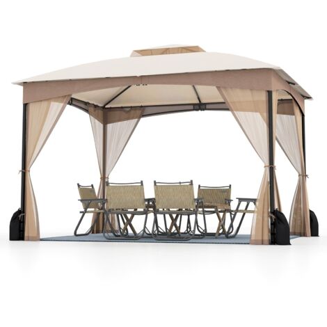 COSTWAY Gazebo da Giardino 3 x 3,6 m, Gazebo con Zanzariera a Doppia Copertura con Sacchetti di Sabbia e Picchetti a Terra, Tenda Impermeabile con Struttura in Metallo per Prato (Kaki)