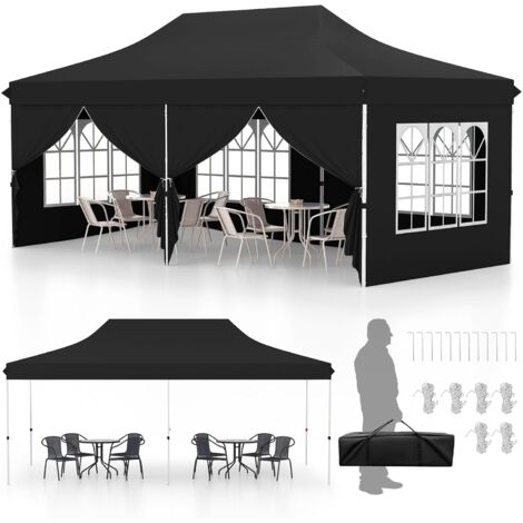 COSTWAY Gazebo da Giardino 3 x 6 m, Tendone per Feste con 6 Pannelli Laterali Rimovibili, con Borsa da Trasporto, Design Pop-up, per Matrimonio Eventi e Barbecue (Nero)