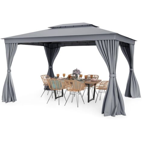 COSTWAY Gazebo da Giardino 397 x 296 cm, Gazebo da Esterno con Zanzariere, Tende, Struttura in Metallo Resistente, con Tetto Impermeabile a Due Strati, per Patio, Giardino e Cortile