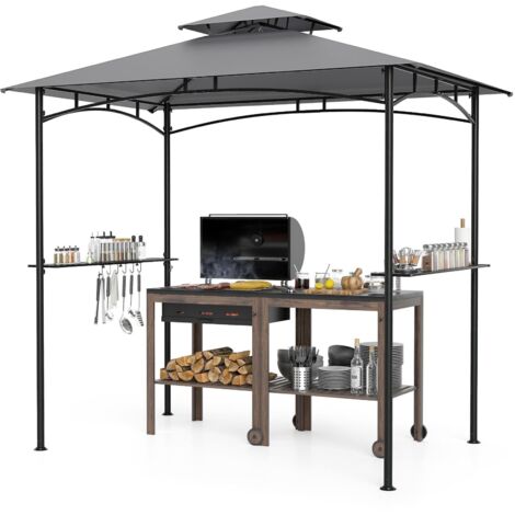 COSTWAY Gazebo per Barbecue 242 x 150 x 250 cm, Bazebo da Giardino per Griglia a Doppio Tetto con 2 Ripiani Laterali e 6 Ganci, Gazebo per BBQ da Giardino, Patio e Terazza, Grigio