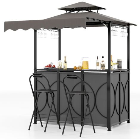 COSTWAY Gazebo per Barbecue, Pergola per BBQ con Tavolo Bar e 2 Sgabelli Bar Pieghevoli, Ripiani di Stoccaggio in Metallo, per Giardino e Cortile, 193 x 117 x 240 cm (Grigio)