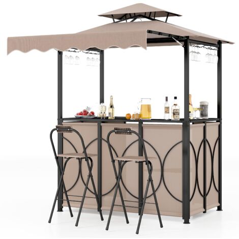 COSTWAY Gazebo per Barbecue, Pergola per BBQ con Tavolo Bar e 2 Sgabelli Bar Pieghevoli, Ripiani di Stoccaggio in Metallo, per Giardino e Cortile, 193 x 117 x 240 cm (Marrone)