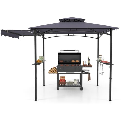 COSTWAY Gazebo per Barbecue, Pergola per BBQ con Tendalino Laterale, Tetto a 2 Livelli, 2 Ripiani Laterali, Ganci Appesi, Apribottiglie, per Giardino e Cortile, 318 x 153 x 250 cm (Grigio Scuro)