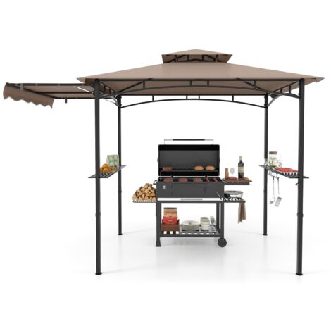 COSTWAY Gazebo per Barbecue, Pergola per BBQ con Tendalino Laterale, Tetto a 2 Livelli, 2 Ripiani Laterali, Ganci Appesi, Apribottiglie, per Giardino e Cortile, 318 x 153 x 250 cm (Marrone)