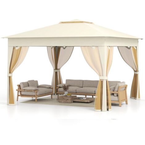 COSTWAY Gazebo Pieghevole 3,4 x 3,4 m con Zanzariera, Gazebo da Giardino con Tende Laterali, Tenda da Giardino Antivento Facile da Montare Resistente 210D con Borsa di Trasporto (Beige)