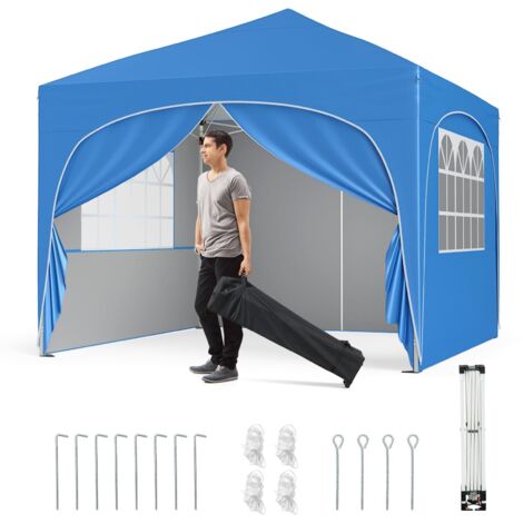 COSTWAY Gazebo Piehevole da Esterno 3 x 3 m, Gazebo Regolabile in Altezza con Pareti Rimovibili, Borsa con Ruote, Picchetti, Ancoraggi, Corde Vento e Sacchi di Sabbia, Tendone per Giardino (Blu)