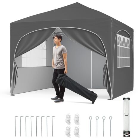 COSTWAY Gazebo Piehevole da Esterno 3 x 3 m, Gazebo Regolabile in Altezza con Pareti Rimovibili, Borsa con Ruote, Picchetti, Ancoraggi, Corde Vento e Sacchi di Sabbia, Tendone per Giardino (Grigio)
