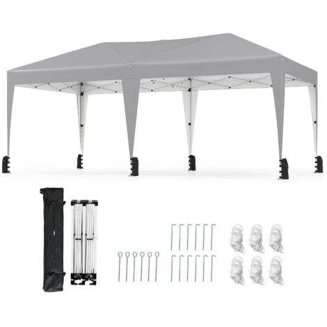 COSTWAY Gazebo Pop-up da Esterno 590 x 300 cm, Gazebo Regolabile in Altezza con Borsa con Ruote, Picchetti, Ancoraggi, Corde Antivento e Sacchi di Sabbia, Tenda Pieghevole per Campeggio (Grigio)