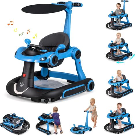 COSTWAY Girello per Bambini 6-in-1 con Tenda,Regolazione Altezza,Musica, Luci,7-18 Mesi,Blu