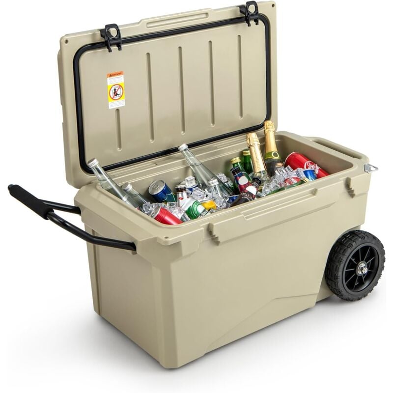 COSTWAY Glacière Isotherme Portable 71 L avec Bouchon de Vidange et Porte-gobelets, Glacière Rigide à roulettes Rétention de Glace de 5 à 7 Jours