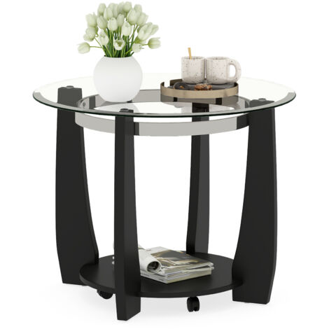 COSTWAY Glass Coffee Table 81CM 2-Tier Round Center Table w/Storage Shelf-Black