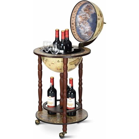 Costway – Globe terrestre en bois d'eucalyptus pour vin et verres – Minibar sur roues – Capacité pour plusieurs bouteilles – Dimensions 88x44,3cm