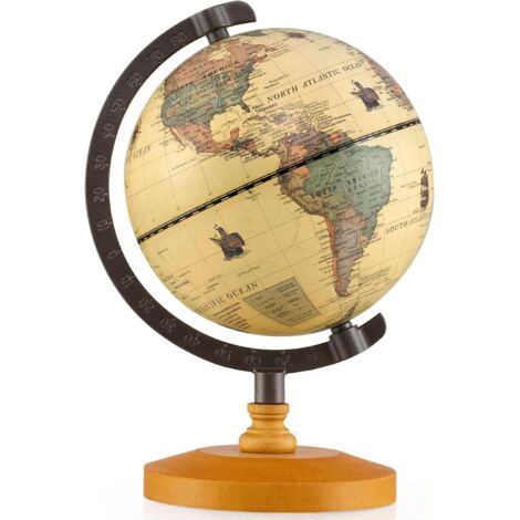 COSTWAY Globe Terrestre Rotatif 360°, Mini Globe Antique de 14CM avec Socle en Bois Carte Couleur Vintage, Jouet Éducative/Géographique pour Enfants, Décoration de Bureau pour Maison École