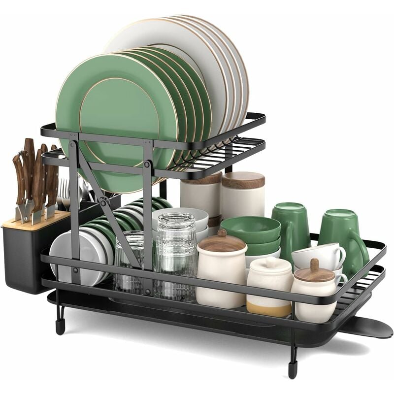 Gouttoir à Vaisselle Cuisine Pliable 2 Niveaux, Porte-Vaisselle Antirouille Bac de Récupération Amovible 56x31x30cm, Grande Capacité pour Comptoir ou
