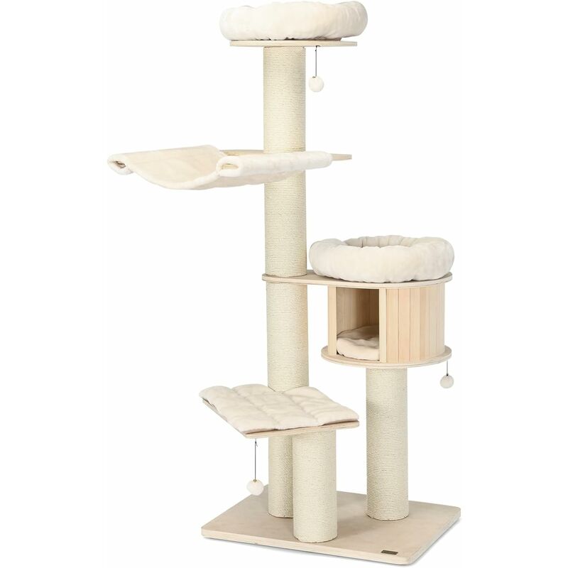 Grand Arbre à Chat en Bois Massif, Arbre à Chat à Plusieurs Niveaux avec Condo en Bois et Hamac, Tour à Chat avec Poteaux en Sisal, Charge 15KG pour