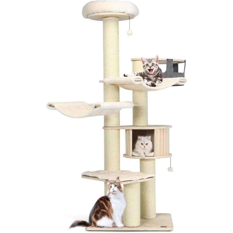 Grand Arbre à Chat en Bois Massif de 197 cm, Centre d'Activité pour Chat à Plusieurs Niveaux avec Condo et Hamac, Tour à Chat avec Poteaux en Sisal,