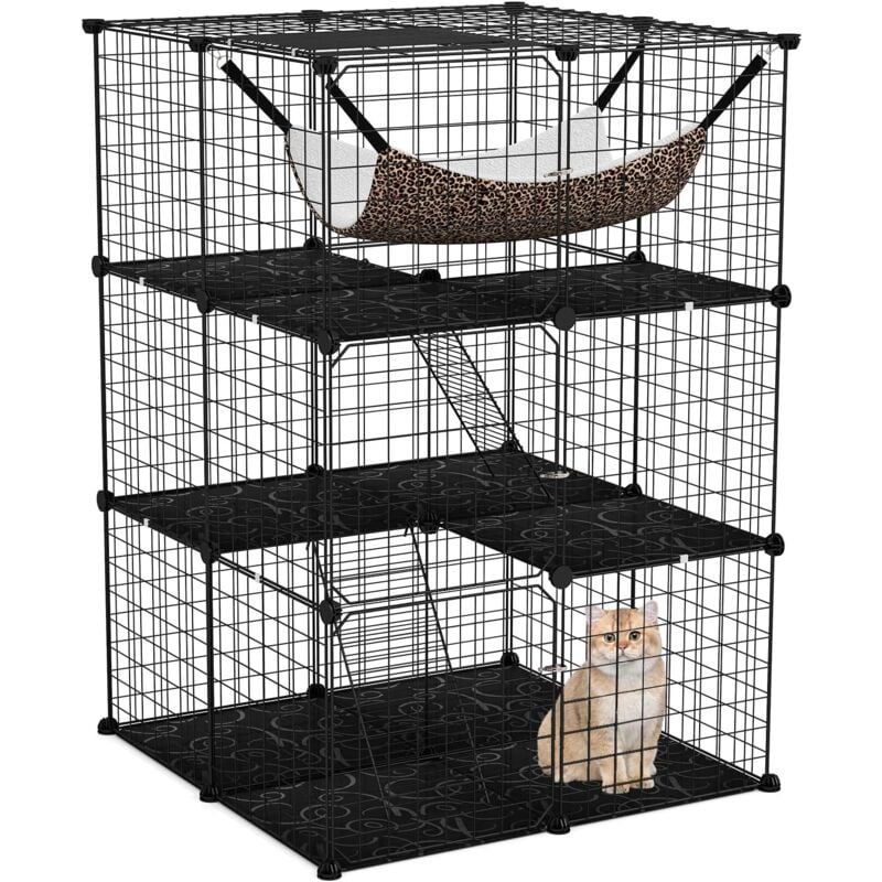 Grand Cage Chat à 3 Niveaux, Enclos pour Chats en Fil Métallique Amovible, Hamac, 2 Echelles, 3 Portes, 1 Fenêtre, Parc Interieur Exterieur pour