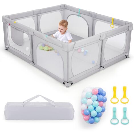 COSTWAY Grand Parc pour Bébé avec 50 Balles Océaniques, Clôture pour Tout-Petits avec 4 Anneaux à Main, Centre d'Activités pour Bébé avec Maille Respirante, 189 x 158 x 68 CM (Gris Clair)