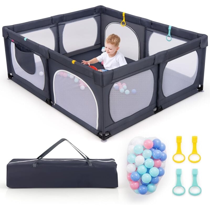 Grand Parc pour Bébé avec 50 Balles Océaniques, Clôture pour Tout-Petits avec 4 Anneaux à Main, Centre d'Activités pour Bébé avec Maille Respirante,
