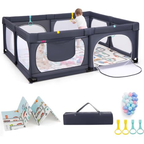 COSTWAY Grand Parc pour Bébé avec 50 Balles Océaniques, Clôture pour Tout-Petits avec 4 Anneaux à Main, Centre d'Activités pour Bébé avec Tapis Pliable, 189 x 158 x 68 CM (Gris Foncé)