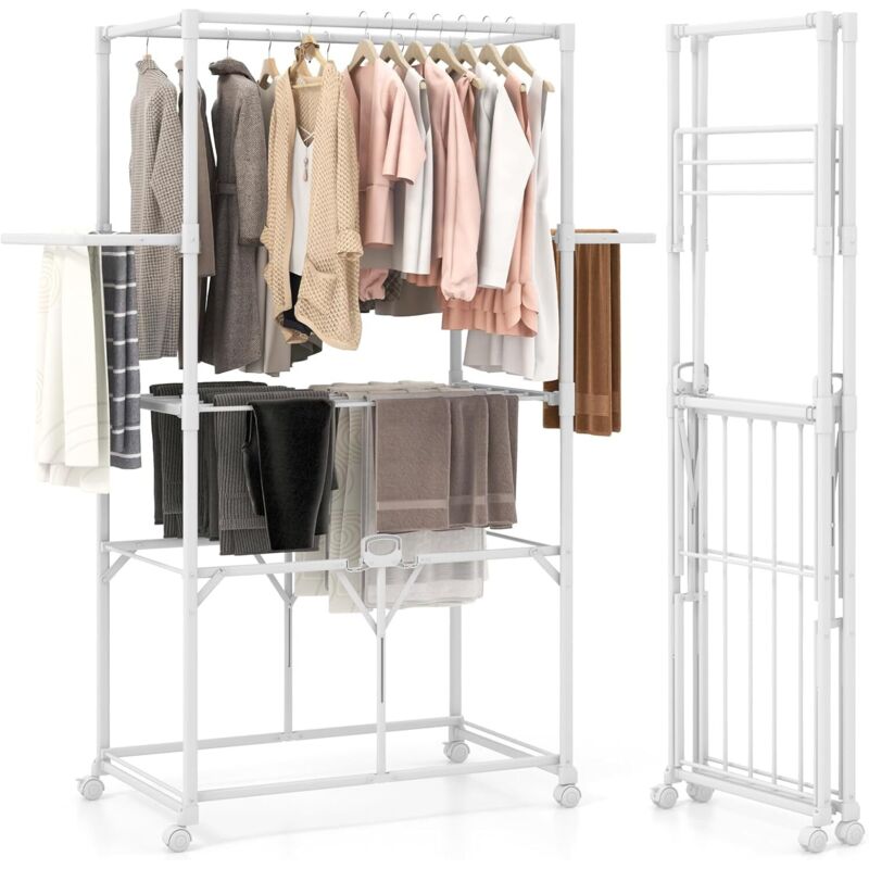 COSTWAY Grand Séchoir à Linge Pliable en Alu, Étendoir à Linge a roulettes 174 CM, 10 Barres, 2 Tringles, 2 Ailes Latérales, Étagère Rabattable,