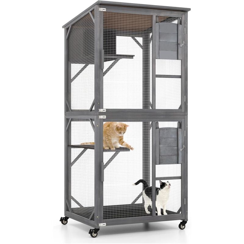 Costway – Maisonnette pour chat extérieure en bois de sapin – Enclos sur roues avec toit en asphalte – 2 plateformes – 80 x 70 x 182 cm