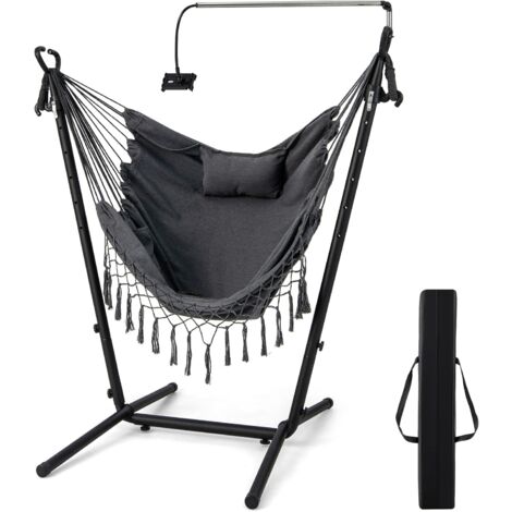 COSTWAY Hängesessel mit Gestell, höhenverstellbarer Hängesitz mit Handyhalter, Kissen & Seitentasche, bis 250 kg, Hängestuhl, Hängesesselgestell für Indoor & Outdoor, Grau