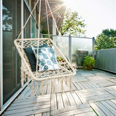 COSTWAY Hamac Chaise Suspendu 1 Place en Forme Carré avec des Cerceaux Métalliques, Charge Max. 120KG Chaise Suspendue à Franges en Corde de Coton pour Salon, Cour, Jardin, Balcon 64X55X125cm