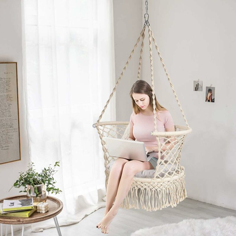 COSTWAY Hamac Chaise Suspendu Balançoire,1 Place,en Coton,Intérieur Extérieur pour Jardin Loisirs Patio Camping Beige