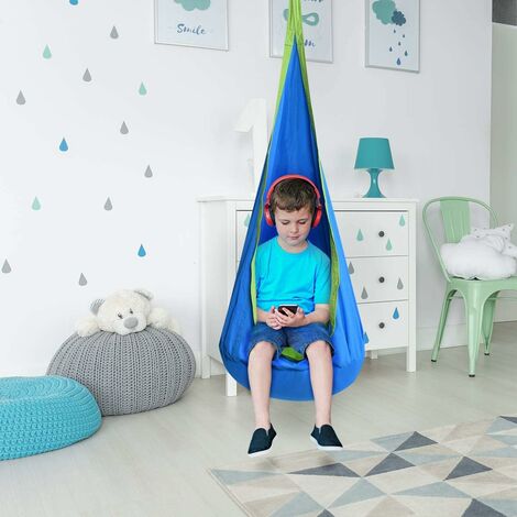 COSTWAY Hamac Enfant Chaise Siège Suspendu Balancoire en Coton pour Enfant Bébé Gonflable 80kg Max Bleu
